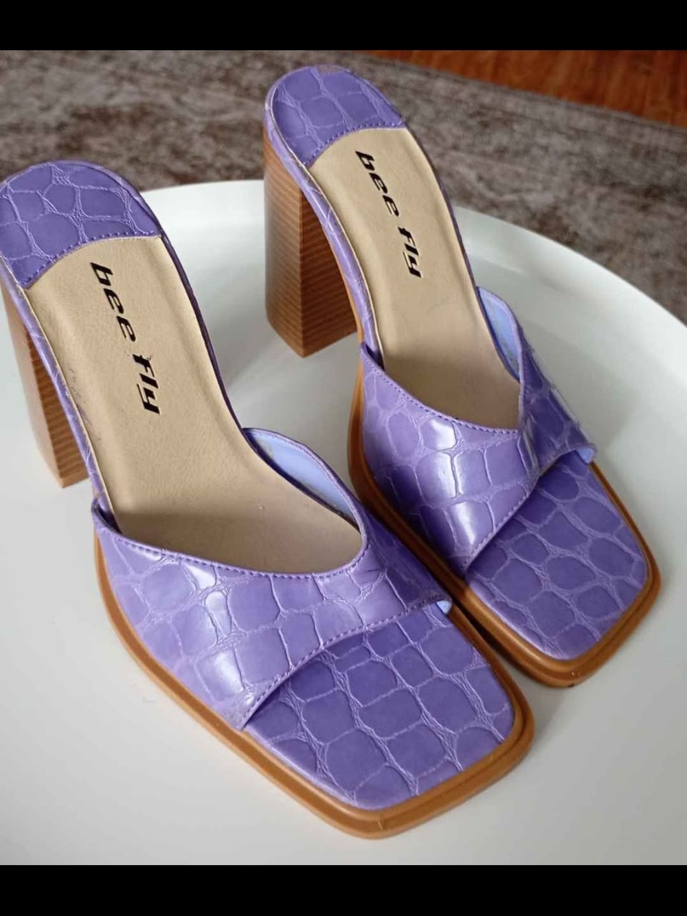 Lavender Croc-Embossed Block Heel Mules